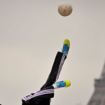Interesting and unique photo of the Eiffel Tower, Adidas were filming an advert with DSLR cameras and footballers playing with balls