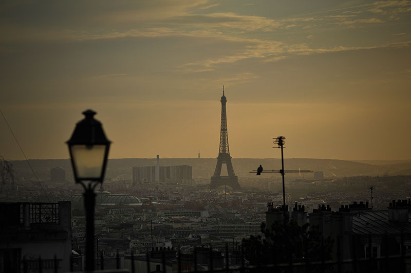 Sunset view of paris looking over the skyline at the Eiffel Tower