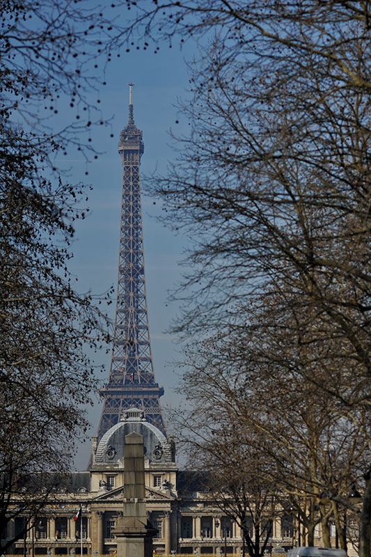 Unusual angle of the eiffel tower in winter